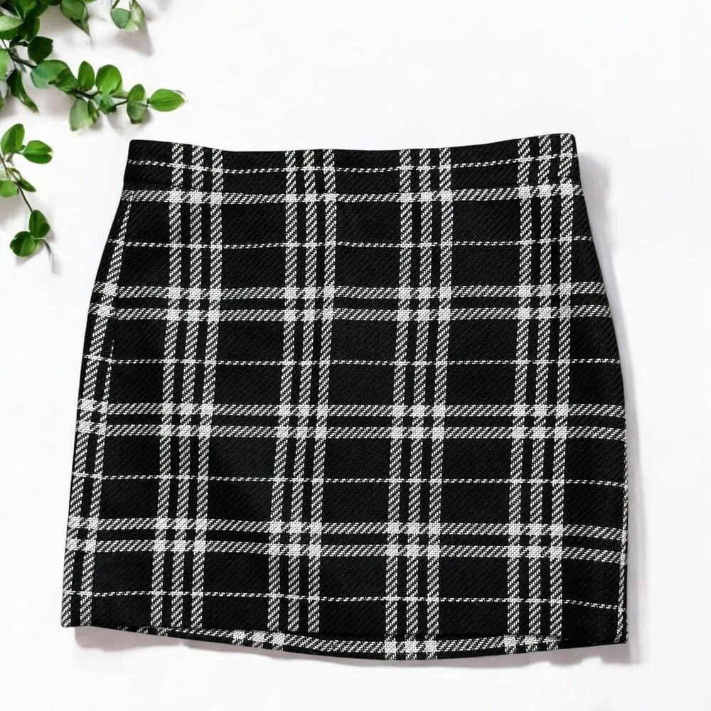 J. Crew Black & White Plaid Tweed Mini Skirt